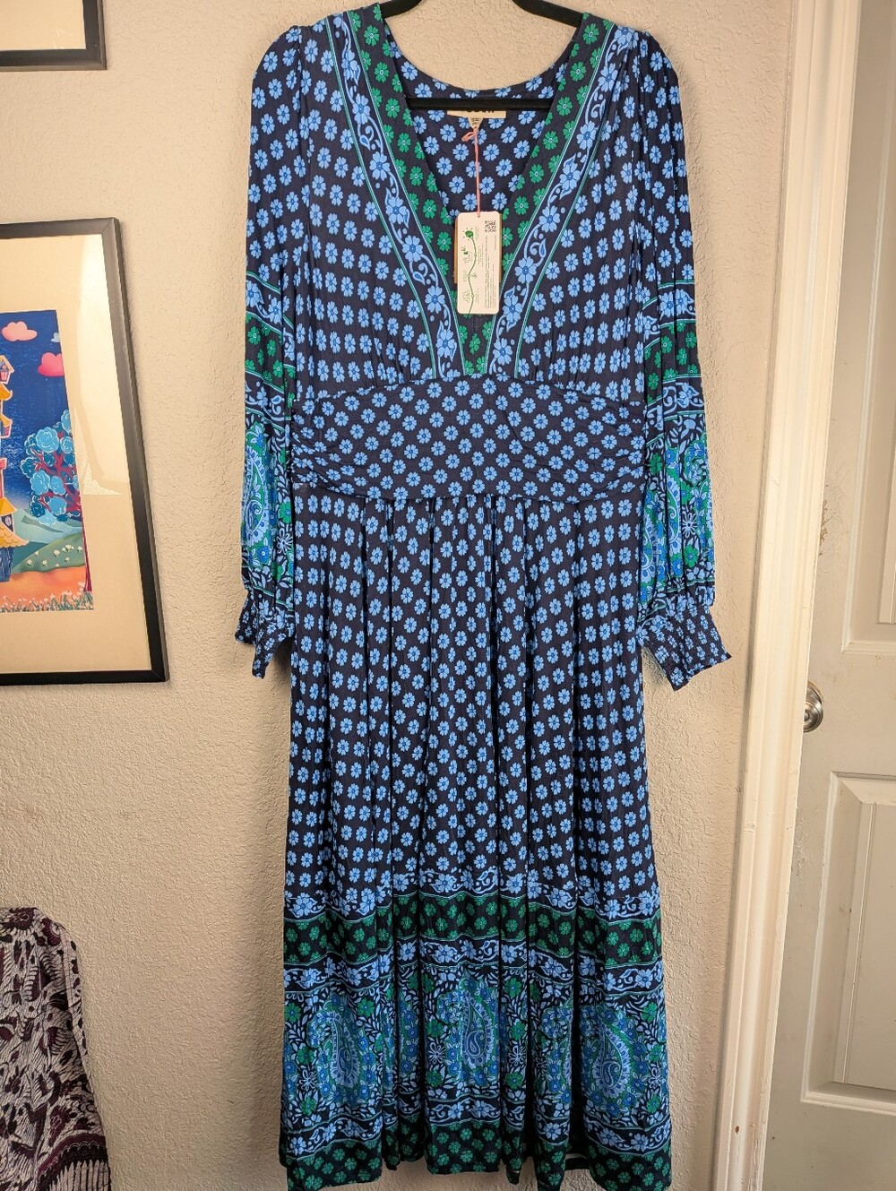 NWT Boden Daphne Jersey Maxi Dress Size 14 Blue Green Paisley LS Boho 70's